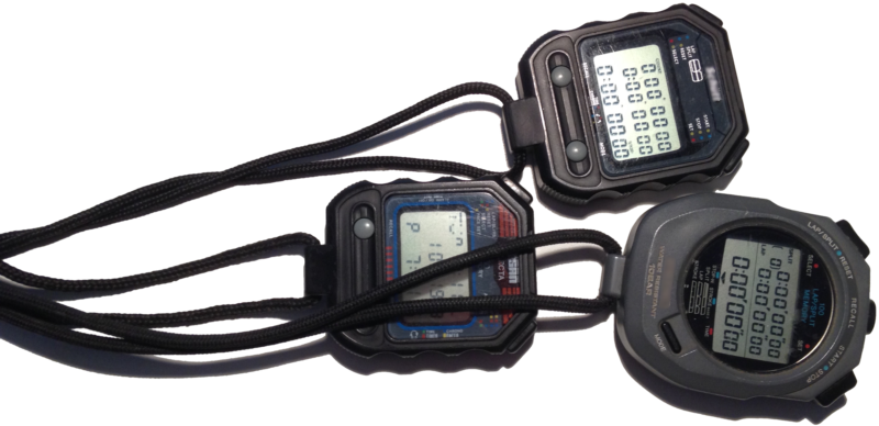 Three traditional handheld stopwatches with tangled neckbands