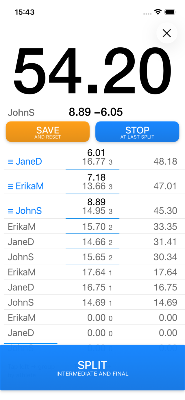 The Herotime timing screen on iPhone: a running clock with live splits for a group of athletes