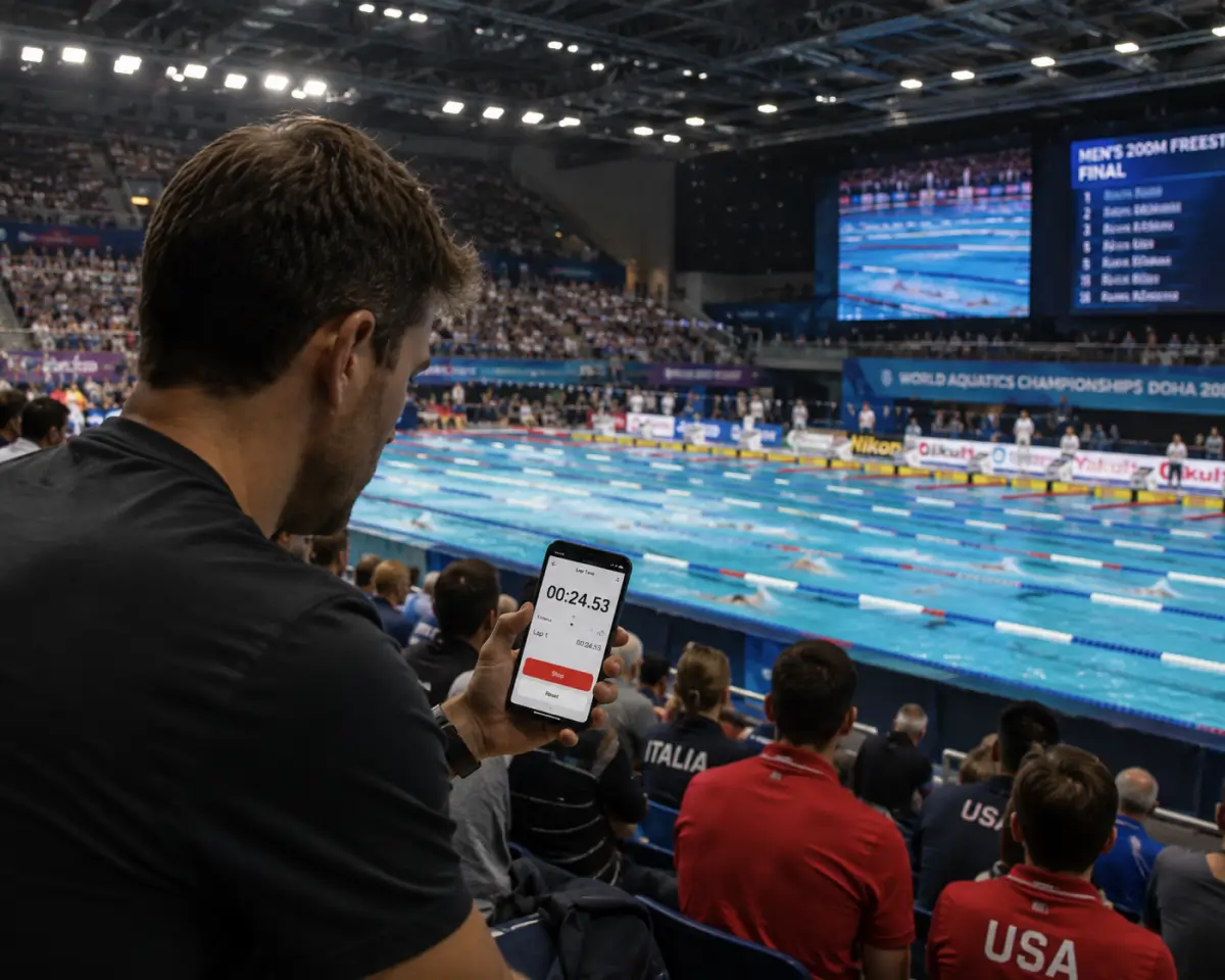 A coach timing with Herotime on an iPhone at an international swim meet