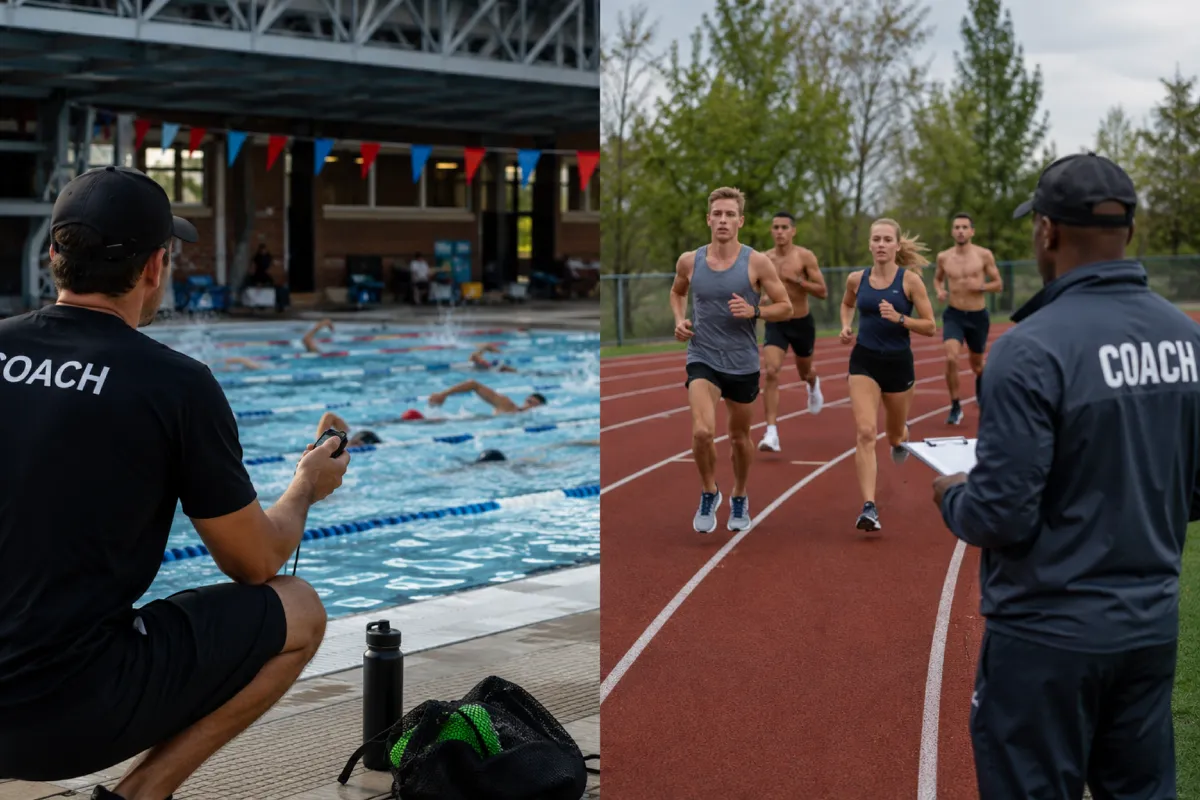Split image: a coach timing at a pool and a coach timing at a track
