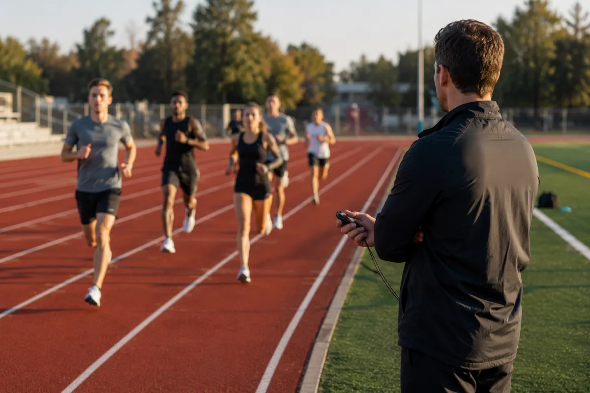 Runners leaving the start line on an outdoor track