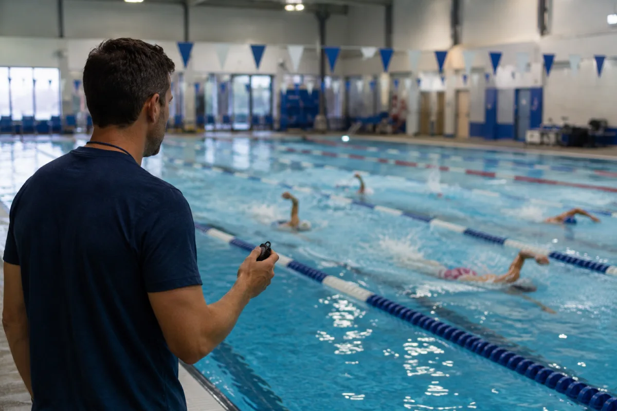 A coach with a stopwatch watching swimmers in their lanes